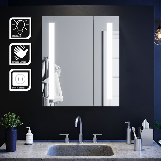 Elegant - Illuminated Bathroom Mirror Cabinet with Light and Shaver Socket Wall Mounted led Mirror with Shelf 600mm