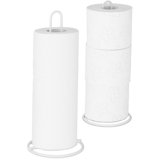 Kitchen Towel Holder Set of 2, Freestanding, Toilet Paper Organiser, Metal, Subtle, hd 32x13 cm, White - Relaxdays