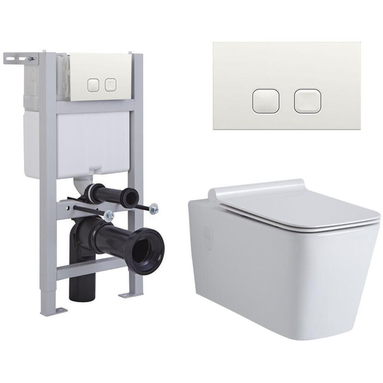 Milano - Elswick - White Ceramic Modern Bathroom Wall Hung Square Toilet wc with Short Wall Frame Cistern and Square White Flush Plate