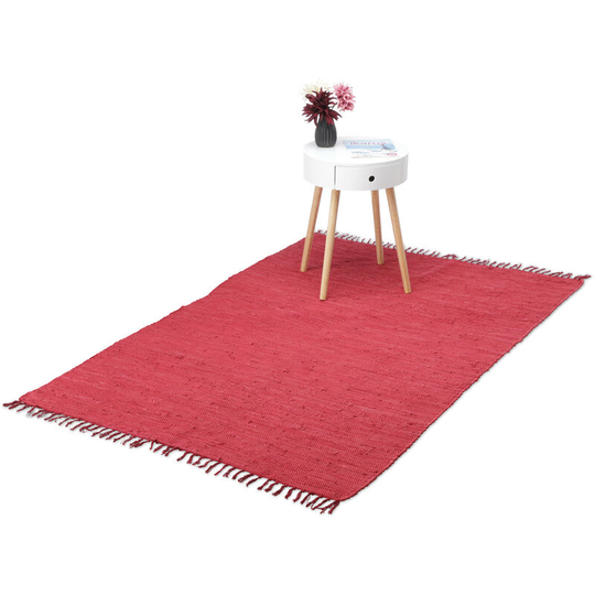 Flatweave rug, made of cotton, handmade, anti-slip, runner with tassels, floor rug, size 120 x 180 cm, red - Relaxdays