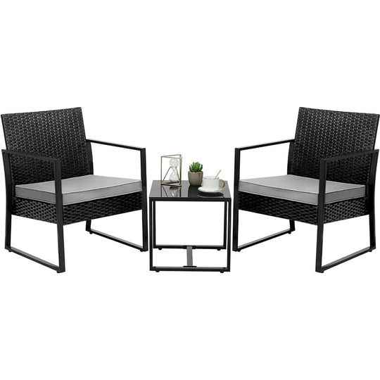Garden furniture set, rattan set 3 parts,balcony set, seating group, stable metal frame, comfortable cushion, glass table & 2 armchairs, for garden,