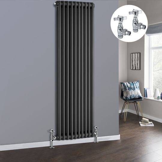 NRG - Anthracite 2 Column Traditional Cast Iron Style Radiator with Chrome Angled Cross Head Manual Valves Vertical 1800x470mm
