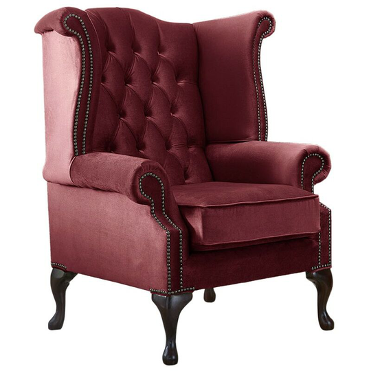 Chesterfield Queen Anne High Back Wing Chair Malta Red Velvet Fabric