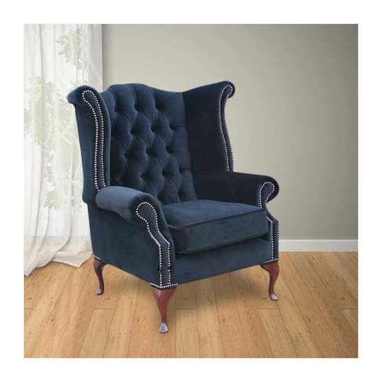 Chesterfield Fabric Queen Anne High Back Wing Chair Black Velvet