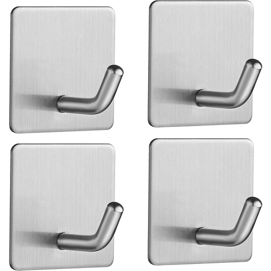 Adhesive Hook 4 Pieces Stainless Steel Wall Hook No Drilling Towel Holder with Adhesive Tape Bathroom Living Room and Kitchen Hooks for Bath Towel
