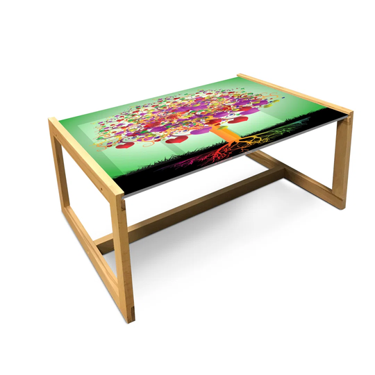 Tree Of Life Coffee Table, Colorful Magic Love Tree Blossomed Heart And Round Leaves And Roots Life Theme, Acrylic Glass Center Table With Wooden Fram