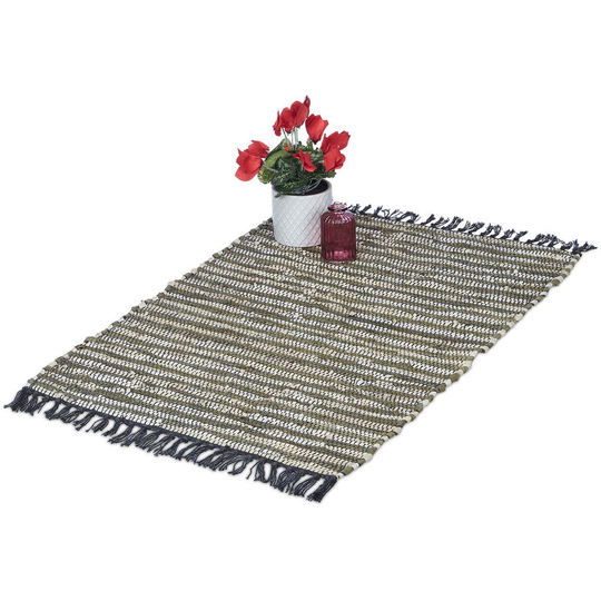 Relaxdays - Boho Runner Rug, Cotton and Leather, Non-Slip, Hand-Woven, with Tassels, for Living Area, 60x100 cm, Khaki