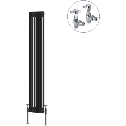 Black Traditional Cast Iron Style Radiator with Chrome Angled Cross Head Manual Valves Vertical 2 Column 1500x290mm