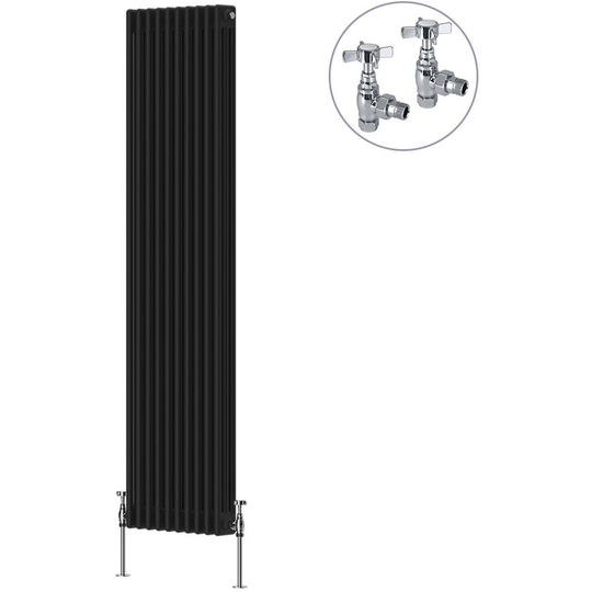 NRG - Black Traditional Cast Iron Style Radiator with Chrome Angled Cross Head Manual Valves Vertical 3 Column 1800x472mm