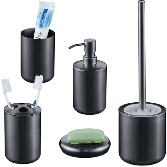 5-Piece Bathroom Accessory Set, Brushed Stainless Steel, Complete Toilet Accessories, Modern, Anthracite - Relaxdays