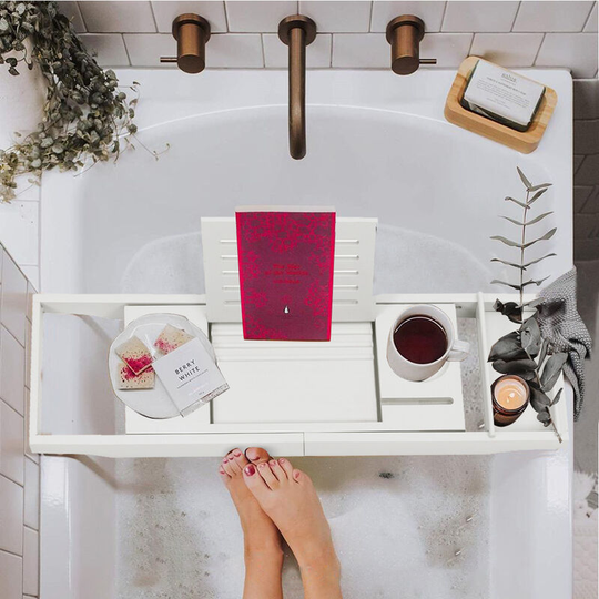 Livingandhome Bamboo Wood Bathtub Tray with Tablet Holder Cup Slot, White