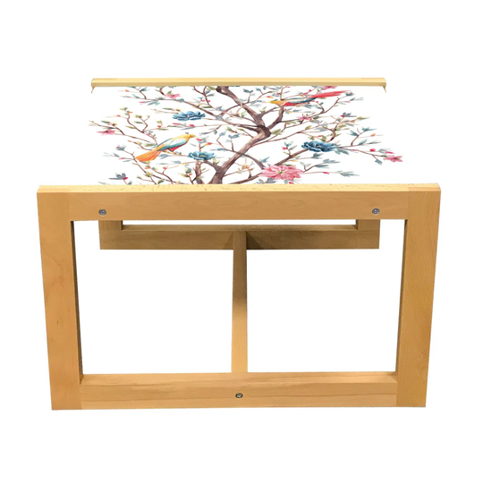 Plant Watercolor Coffee Table, Pattern Of Forest Tree With Birds Humming And Flowers Blooming, Acrylic Glass Center Table With Wooden Frame For Office