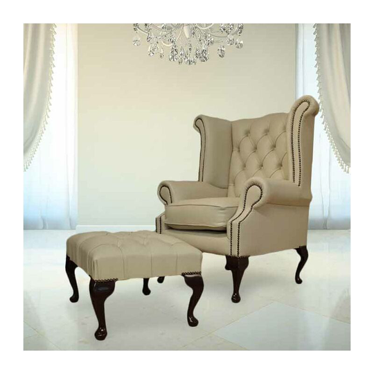 Chesterfield Ivory Leather Queen Anne Wing chair + Footstool Designersofas4u