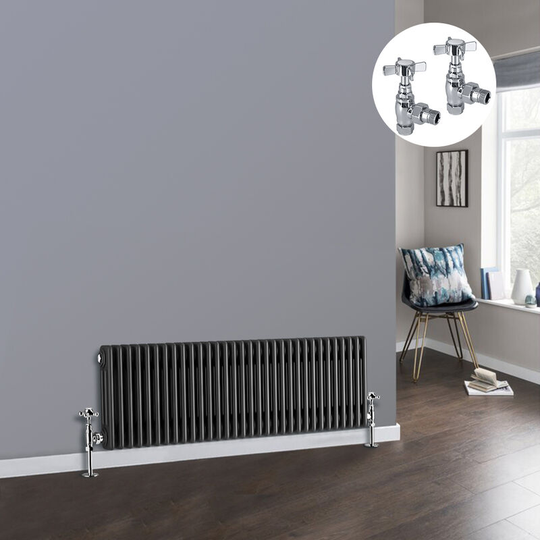 NRG - Anthracite 3 Column Traditional Cast Iron Style Radiator with Chrome Angled Cross Head Manual Valves Horizontal 300x1462mm