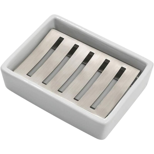 SUS304 Stainless Steel Ceramic Soap Dish for Bathroom, Double Layer, Self-Draining Soap Dish, Say No to Fluffy Soap, Easy Cleaning (White)