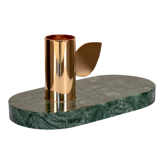 Candle Holder - Candle holder in green marble with brass holder, 14x7 cm