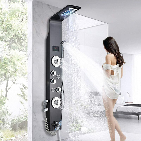 Shower Panel Tower led Shower System with 6 Functions Unique Powerful hydromassage and Bidet Tap Shower Tower Wall Mounted Black - Suguword