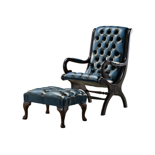 Chesterfield York Slipper Stand Armchair Antique Blue Leather + Footstool
