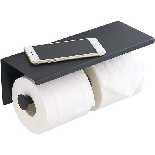 Double Toilet Paper Holder Space Aluminum No Drilling with Spacious Shelf Tissue Paper Roll Holder with Phone Shelf for Bathroom and Kitchen (Black)