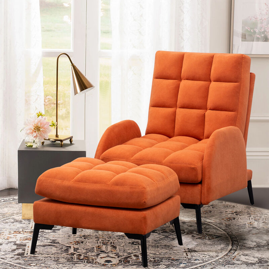 Frosted Velvet Recliner Armchair with Thickened Footstool, Orange - Livingandhome