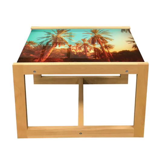 Landscape Coffee Table, Exotic Scenery Of Palm Trees Photo In Colorful Vintage Effect, Acrylic Glass Center Table With Wooden Frame For Offices Dorms