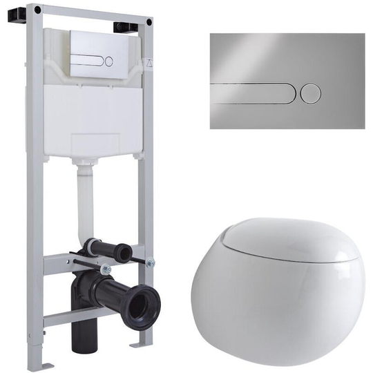 Milano - Mellor - White Ceramic Modern Bathroom Wall Hung Round Toilet wc with Tall Wall Frame Cistern and Dot Chrome Flush Plate