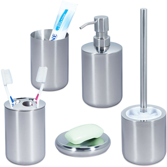 5-Piece Bathroom Accessory Set, Polished Stainless Steel, Complete Toilet Accessories, Modern, Silver - Relaxdays