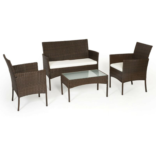 Tulum - Set of Garden Furniture in Brown Resin - 4 Seaters, 2 Armchairs, 1 Low Table, 1 Bench - with Zippered Seat Cushions brown - Brown Beige