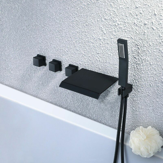 Modern Recessed Tub Faucet with Hand Shower in Solid Black Black