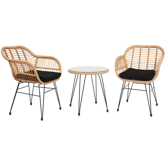 Garden Furniture Set of 3, 2 Seater Wicker Rattan Armchairs and Tempered Glass Coffee Table Conversation Set for Outdoor Garden Patio Yard (Flaxen