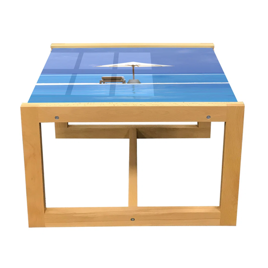 Seaside Coffee Table, Beach Chairs And Umbrella On A Island In The Middle Of Ocean Seascape Picture, Acrylic Glass Center Table With Wooden Frame For