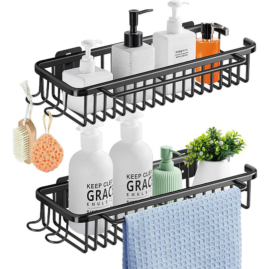 Shower Caddy, No Drilling Shower Caddy with Towel Bar, Black Shower Shelf Bath Shampoo Holder Rustproof Aluminum for Bathroom Accessories
