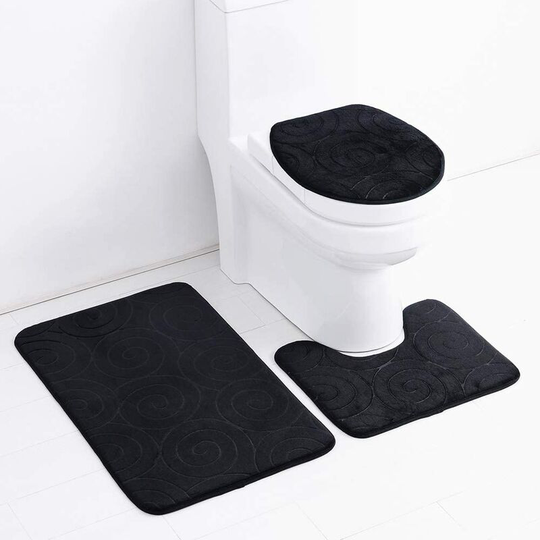 Bathroom Mat Pure Color 3Pcs Bath Mat Non-Slip and Absorbent Soft Mat & Cover Toilet Lid Set Washable (Black)