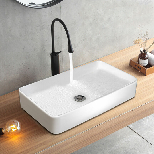 Bathroom Cloakroom Ceramic Vessel Sink, Countertop Basin Wash Sink with Pop-up Drain, Gloss White Porcelain Vanity Vessel (Rectangular) - Costway