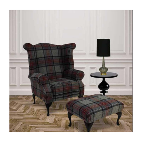 Designersofas4u - Chesterfield Edward Queen Anne Wool Tweed Wing Chair Fireside High Back Armchair Beningborough Graphite Check + Footstool