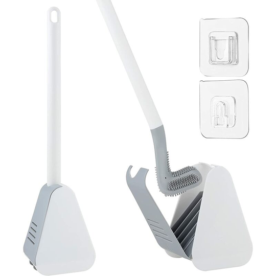 Silicone Toilet Cleaning Brush with Quick Dry Holder Toilet Brush with Long Plastic Handle for Bathroom (White)