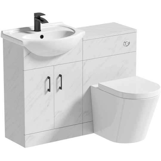 Lea marble 1060mm combination with black handle and Contemporary back to wall toilet with seat - White - Orchard