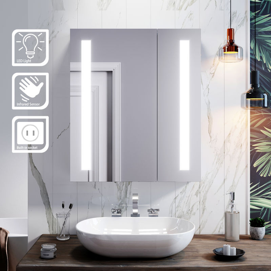 Elegant - Illuminated Bathroom Mirror Cabinet with Light + Shaver Socket Wall Mounted led Mirror with Shelf 600mm