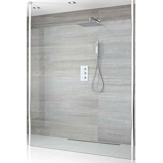 Alto - 760mm Floating Glass Walk In Wet Room Shower Enclosure with Screen, Profile, Floor to Ceiling Poles and 800mm Linear Shower Drain - Chrome