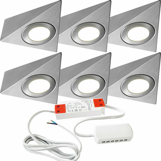 Loops - 6x brushed nickel Pyramid Surface Under Cabinet Kitchen Light & Driver Kit - Natural White led
