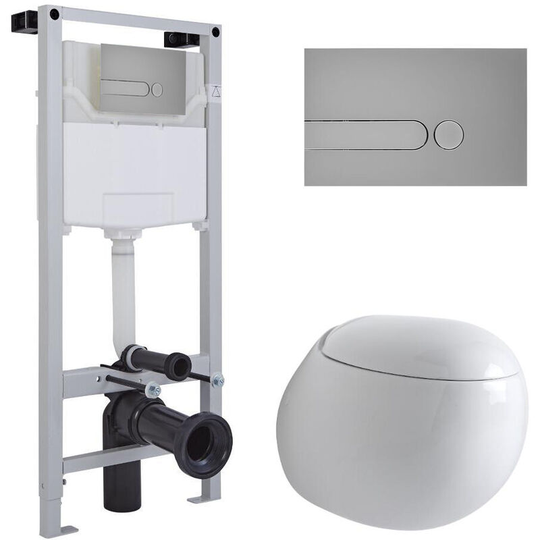 Milano - Mellor - White Ceramic Modern Bathroom Wall Hung Round Toilet wc with Tall Wall Frame Cistern and Dot Satin Chrome Flush Plate