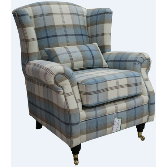 Wing Chair Fireside High Back Armchair Balmoral Sky Check Fabric P&S