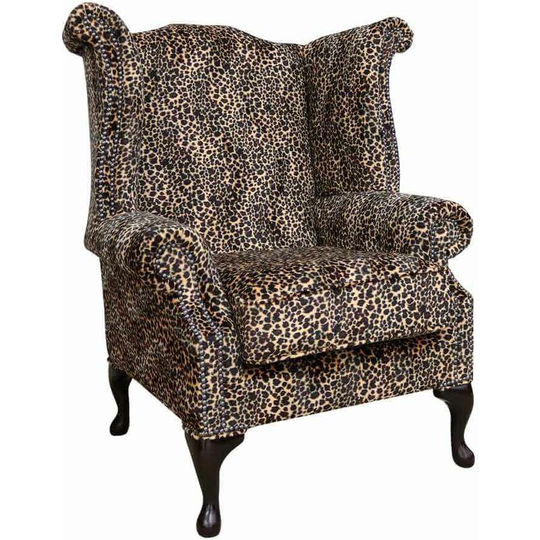Chesterfield Saxon Queen Anne High Back Wing Chair Sand Leopard Animal Print