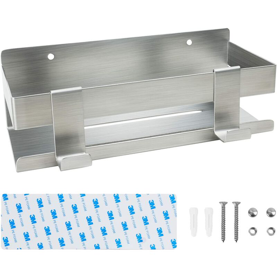 No Drilling Bathroom Shelf with 2 Hooks, SUS304 Stainless Steel Shower Shelf - Can be Installed with Screws