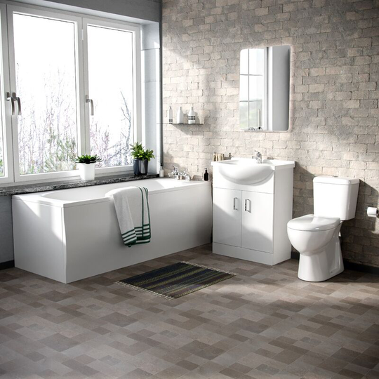 Neshome - Memphis 3-Piece Bathroom Suite White - Close Coupled Toilet, 650mm Basin Vanity Unit and Round Bath Tub