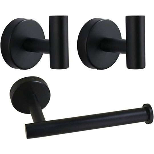 Bathroom Hardware Set, 3 Pcs Towel Hooks Toilet Paper Holder Set, Wall Mount Stainless Steel for Bathroom, Kitchen, Washroom (Black)