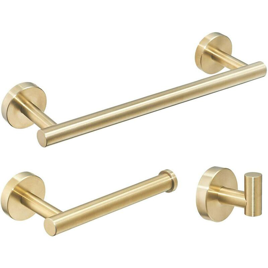 Rhafayre - Set of 3 Bathroom Accessories 30cm Towel Rail Toilet Roll Holder Robe Hook Brushed Gold