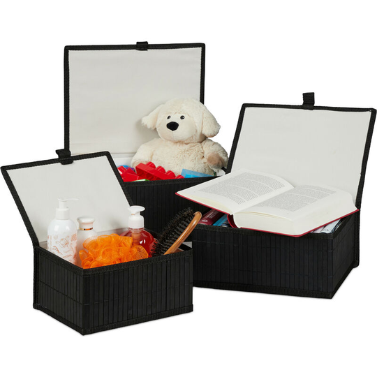Set of 3 Bamboo Storage Baskets, Storage Boxes with Lid, Bamboo Container, Decorative Storage, Black - Relaxdays