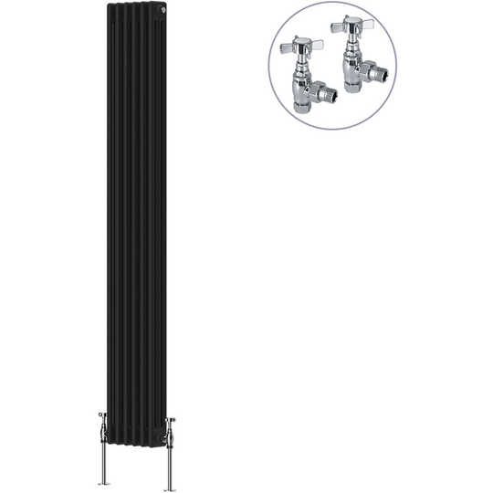 Black Traditional Cast Iron Style Radiator with Chrome Angled Cross Head Manual Valves Vertical 3 Column 1800x292mm