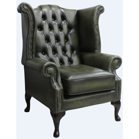 Chesterfield Queen Anne High Back Wing Chair Antique Olive Leather